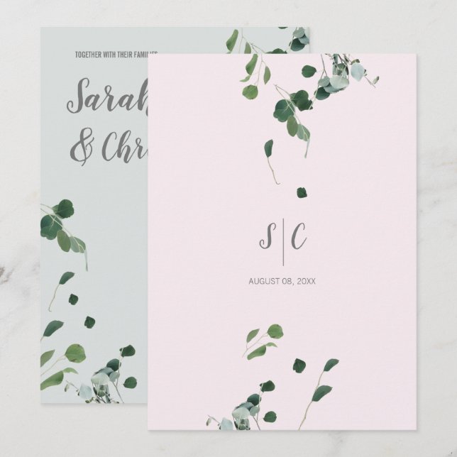 Blush Pink Sage Green Leaves Botanical Eucalyptus  Invitation (Front/Back)