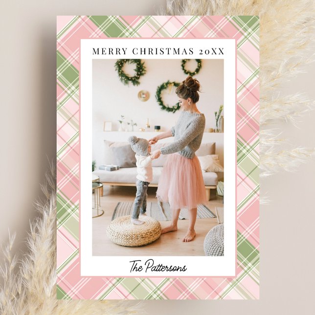 Blush Pink & Sage Green Plaid Photo Christmas Holiday Card (Creator Uploaded)