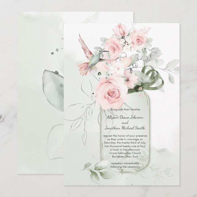 Blush Pink Sage Green Roses Hummer Mason Jar Invitation (Front/Back)