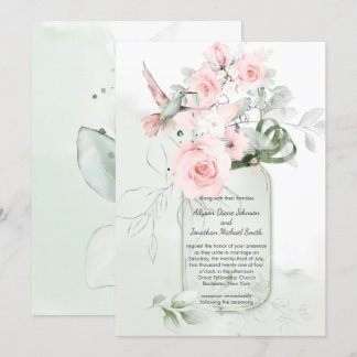 Blush Pink Sage Green Roses Hummer Mason Jar Invitation
