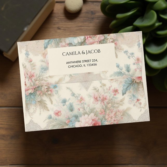 Blush Pink Sage Green Shabby Chic Botanical Floral Envelope (Creator Uploaded)