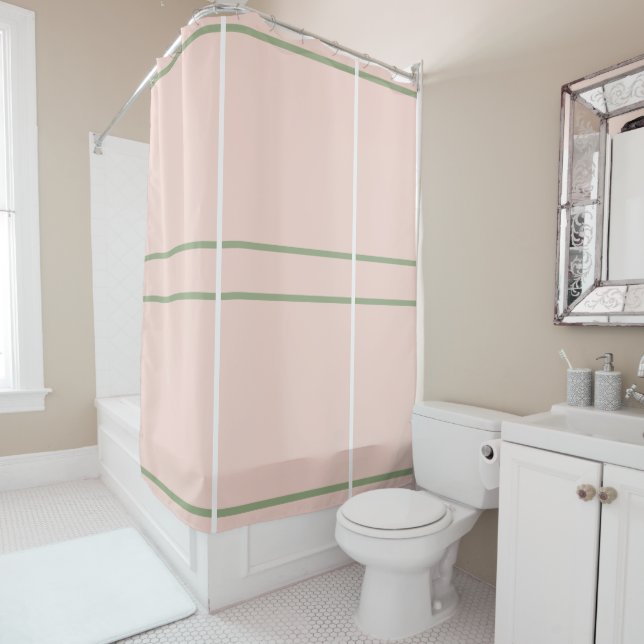 Blush Pink Sage Green White Geometric  Shower Curtain (In Situ)