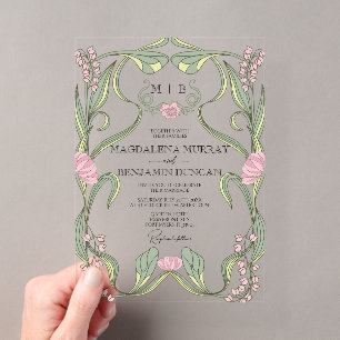 Blush Pink Sage Vintage Art Nouveau Floral Wedding Acrylic Invitations