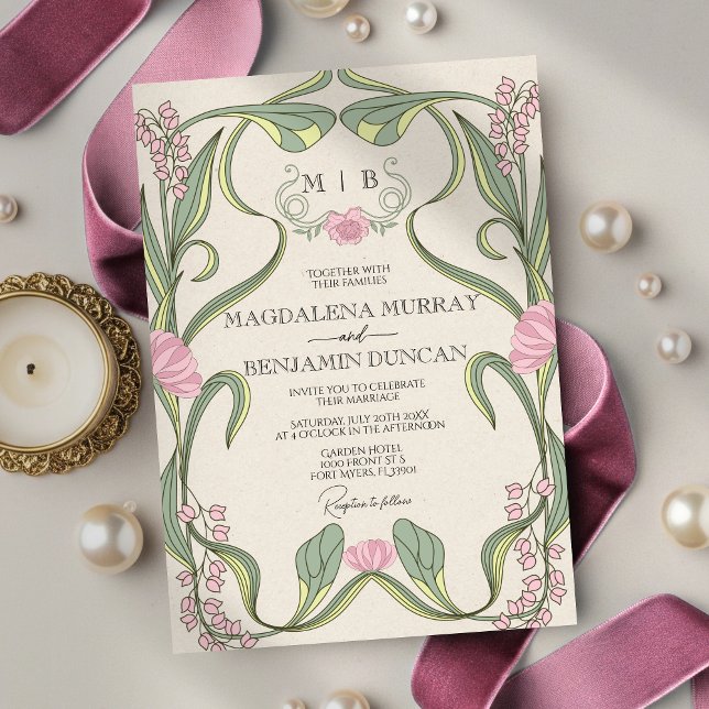 Blush Pink Sage Vintage Art Nouveau Floral Wedding Invitation (Creator Uploaded)