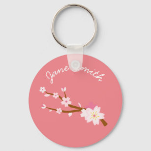 Pink Cherry Plum Flower Tree Blossom Japan Japanese Keychain Key Tag Chain  Fob Ring