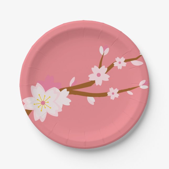 Blush pink Sakura CHerry Blossom Japanese Paper Plates (Front)