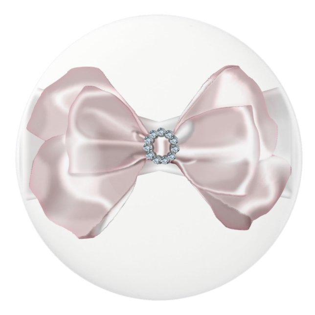 Blush Pink Satin Bow Ribbon & Diamonds Elegant Ceramic Knob (Front)