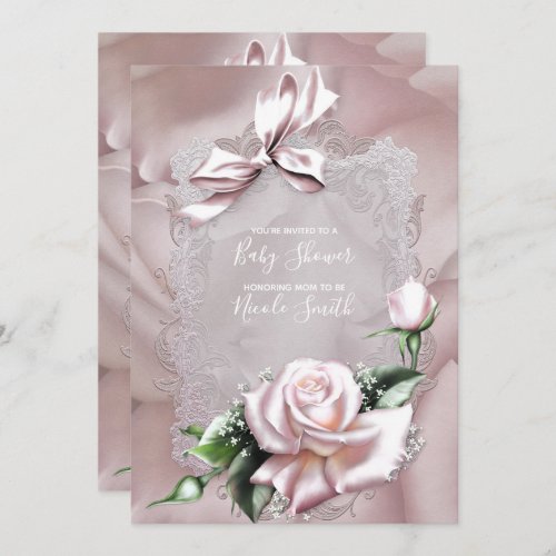 Blush Pink Satin Bow  Rose Lacy Baby Shower Invitation