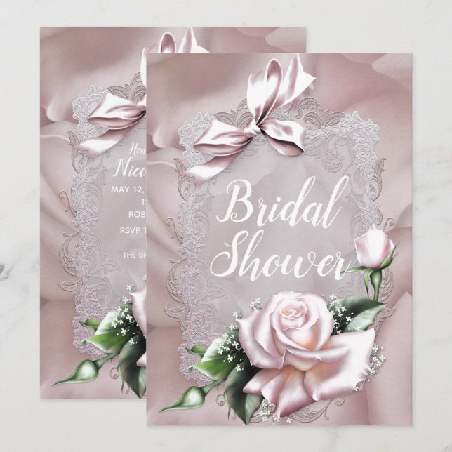 Blush Pink Satin Bow & Rose Romantic Bridal Shower Invitation (Front/Back)