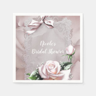 Blush Pink Satin Bow & Rose Romantic Floral Paper Napkins