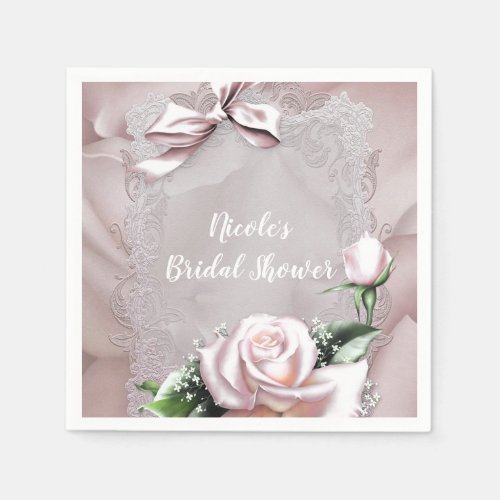 Blush Pink Satin Bow  Rose Romantic Floral Paper Napkins