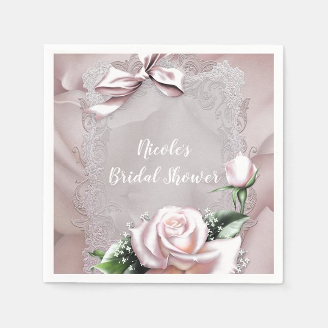 Blush Pink Satin Bow & Rose Romantic Floral Paper Napkins (Front)