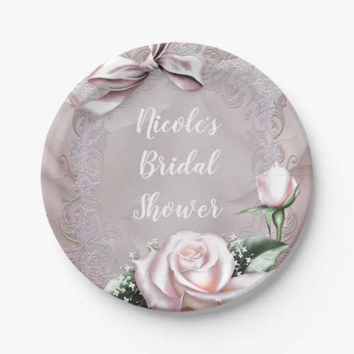 Blush Pink Satin Bow  Rose Romantic Floral Paper Plates