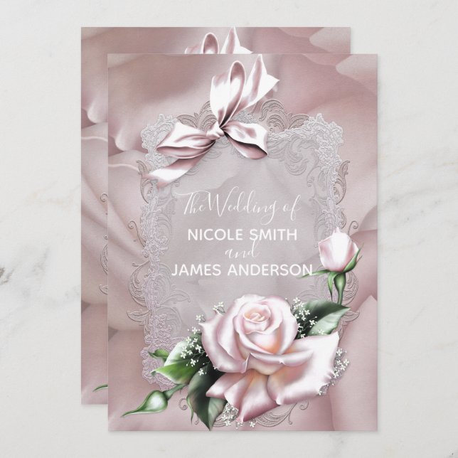 Blush Pink Satin Bow & Rose Romantic Wedding Invitation (Front/Back)