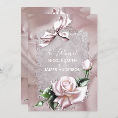 Blush Pink Satin Bow  Rose Romantic Wedding Invitation