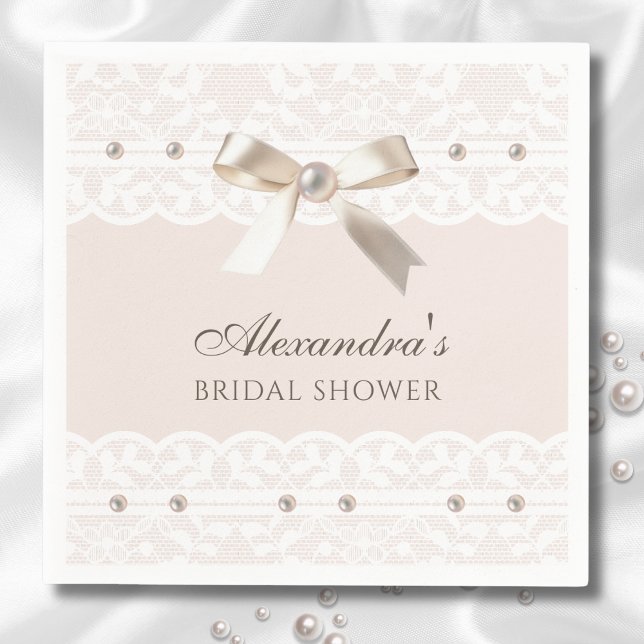 Blush Pink Satin Bow White Lace Bridal Shower Napkins (Creator Uploaded)