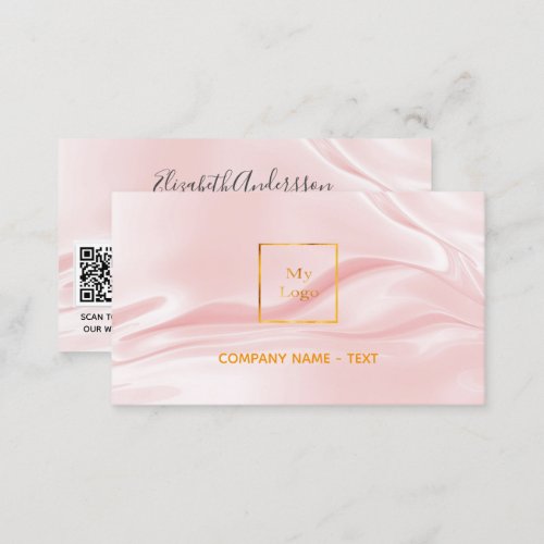 Blush pink satin silk elegant QR code logo Business Card