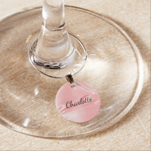 Blush pink satin silk name elegant script wine charm