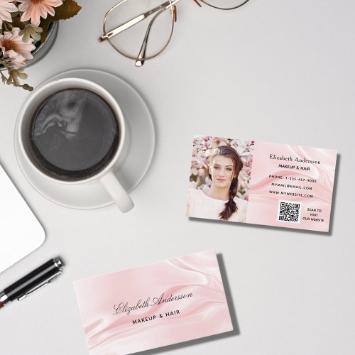 Blush pink satin silk photo elegant QR code Business Card