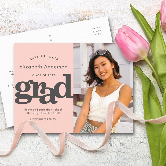 Blush pink save date graduation photo typography invitation postcard (Creator Uploaded)