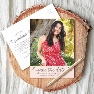Blush Pink Save Date Photo Graduation Script Heart Invitation Postcard