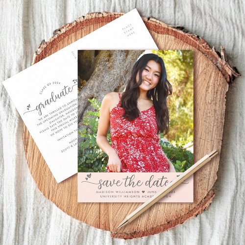 Blush Pink Save Date Photo Graduation Script Heart Invitation Postcard