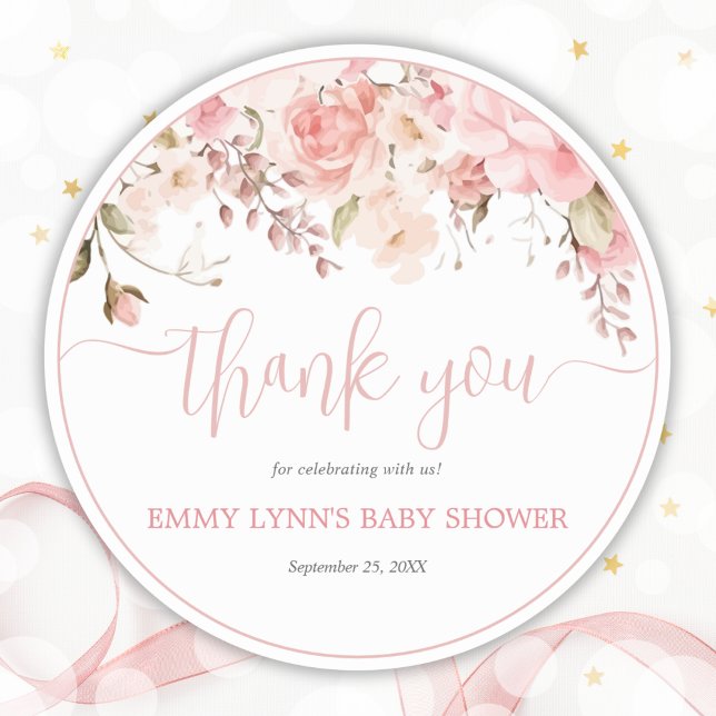 Blush Pink Script Baby Shower Thank You Classic Round Sticker (Blush Pink Script Baby Shower Thank You Classic Round Sticker)