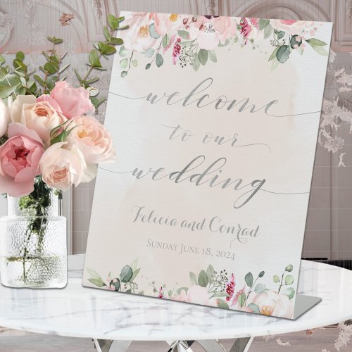 Blush Pink Script Calligraphy Welcome Wedding Pedestal Sign