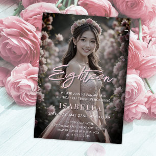 Blush Pink Script Eighteen Photo 18th Birthday Invitation