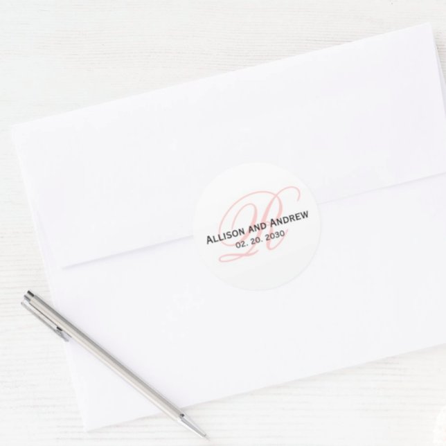 Blush Pink Script Initial R Monogram Wedding Favor Classic Round Sticker (Creator Uploaded)
