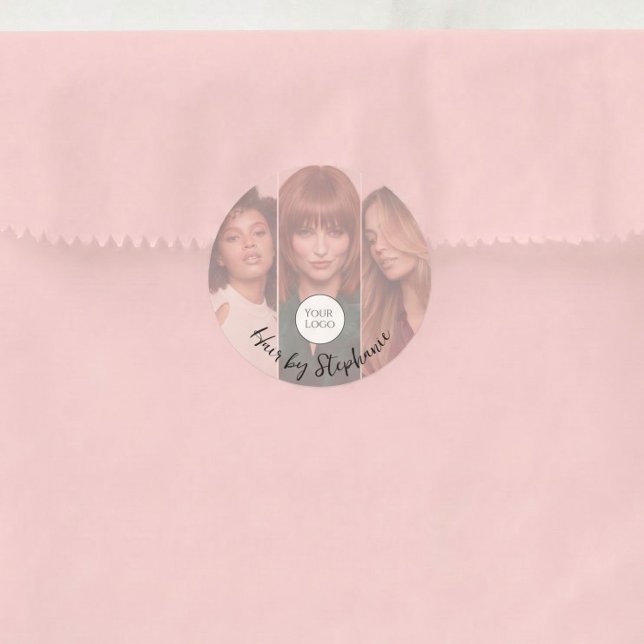 Blush Pink Script Logo 3 Photo Hair Salon Classic Round Sticker (Creator Uploaded)
