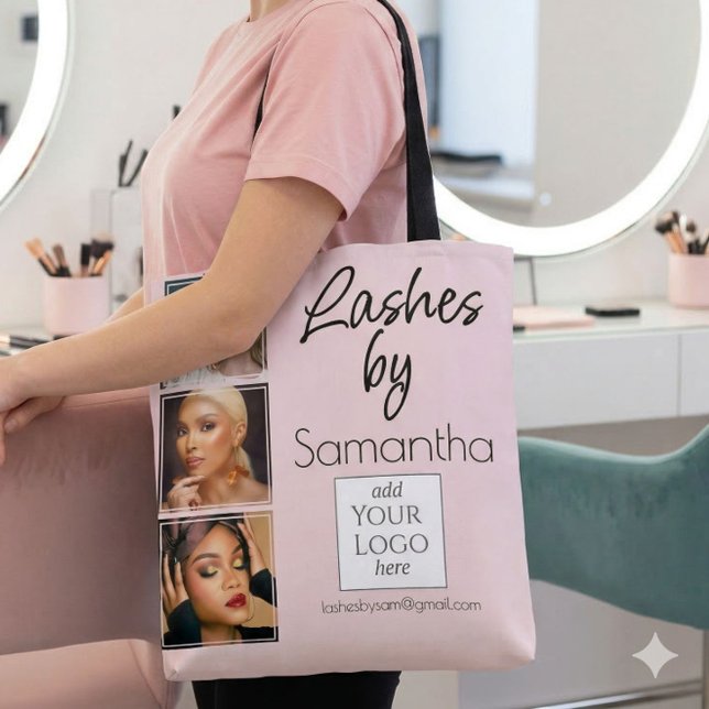 Blush Pink Script Logo 3 Photo Lash Tech Business Tote Bag (Creator Uploaded)