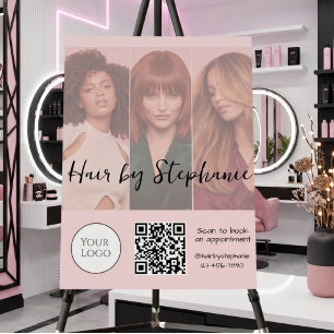 Blush Pink Script Logo 3 Photo QR Code Hair Salon Foam Board
