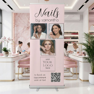 Blush Pink Script Logo 3 Photo QR Code Nail Salon Retractable Banner