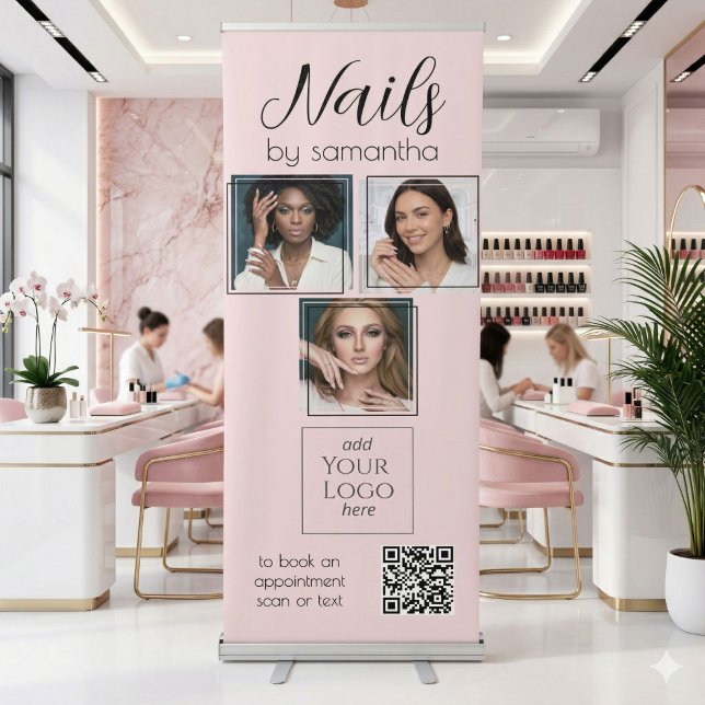 Blush Pink Script Logo 3 Photo QR Code Nail Salon Retractable Banner (Creator Uploaded)