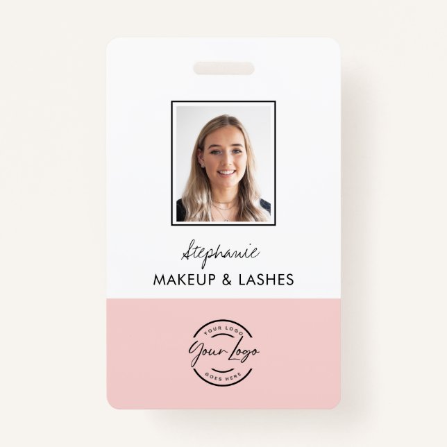 Blush Pink Script Logo Employee Photo Makeup Badge (Front)