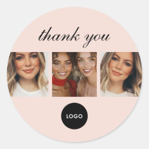 Blush Pink Script Logo Photo Hair Makeup Thank You Classic Round Sticker