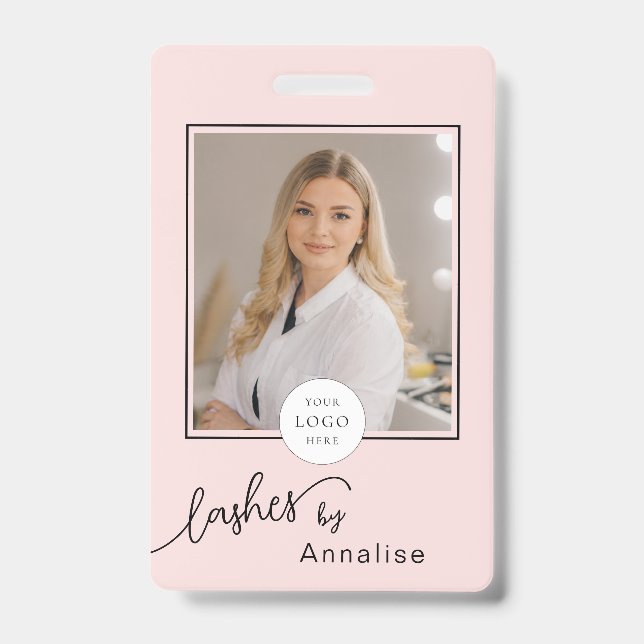 Blush Pink Script Logo Photo Lashes Makeup Badge (Front)