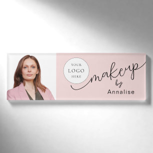 Blush Pink Script Logo Photo Makeup Name Tag