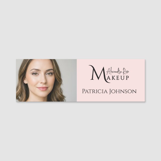 Blush Pink Script Logo Photo Makeup  Name Tag (Front)