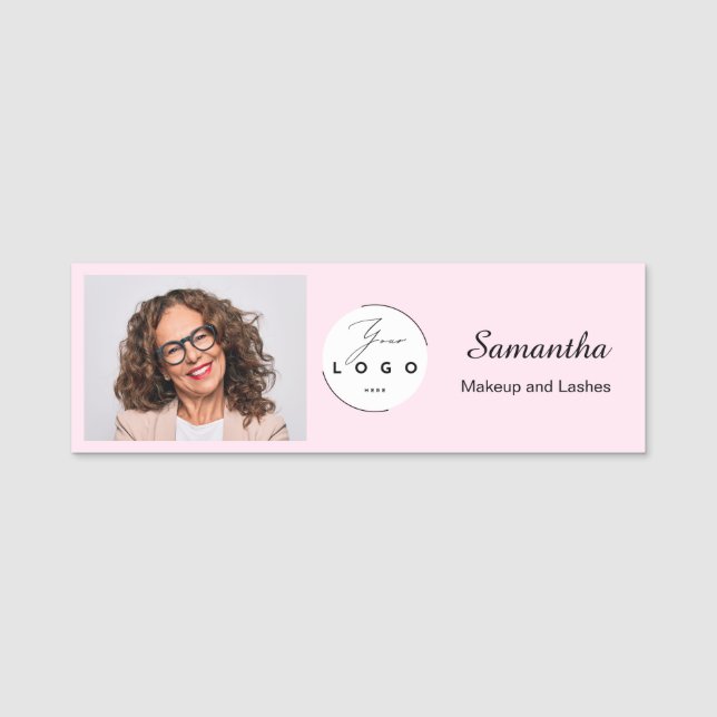 Blush Pink Script Logo Photo Makeup Name Tag (Front)
