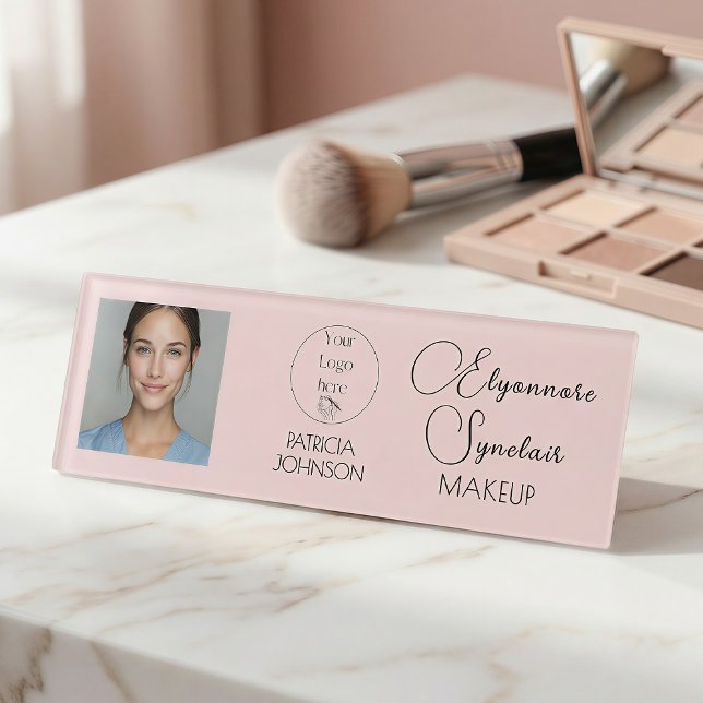 Blush Pink Script Logo Photo Makeup Name Tag (Creator Uploaded)