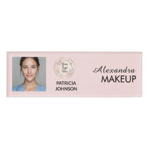 Blush Pink Script Logo Photo Makeup Name Tag