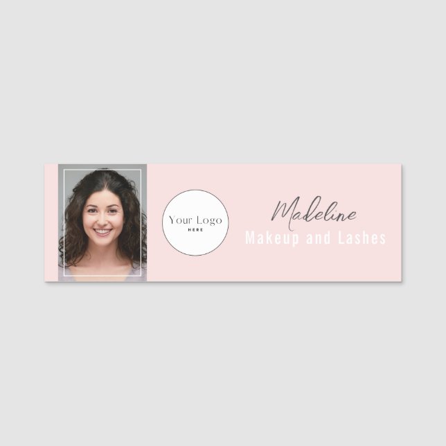 Blush Pink Script Logo Photo Makeup Name Tag (Front)