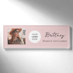 Blush Pink Script Logo Photo Makeup Name Tag
