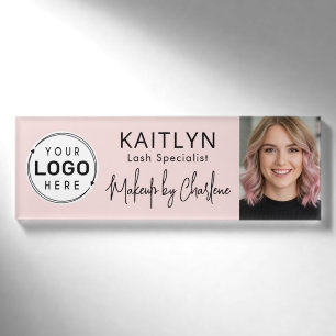 Blush Pink Script Logo Photo Makeup Name Tag