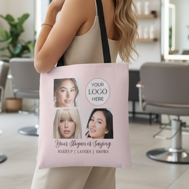 Blush Pink Script Logo Photo Makeup Studio Tote Bag (elegant blush pink script logo 3 photo customer swag bag for makeup beauty salon loyalty gift promo)