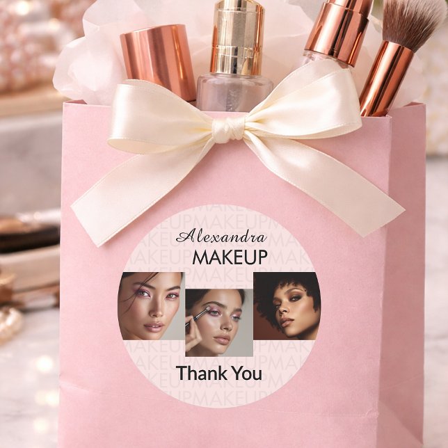Blush Pink Script Logo Photo Makeup Thank You Classic Round Sticker (Creator Uploaded)