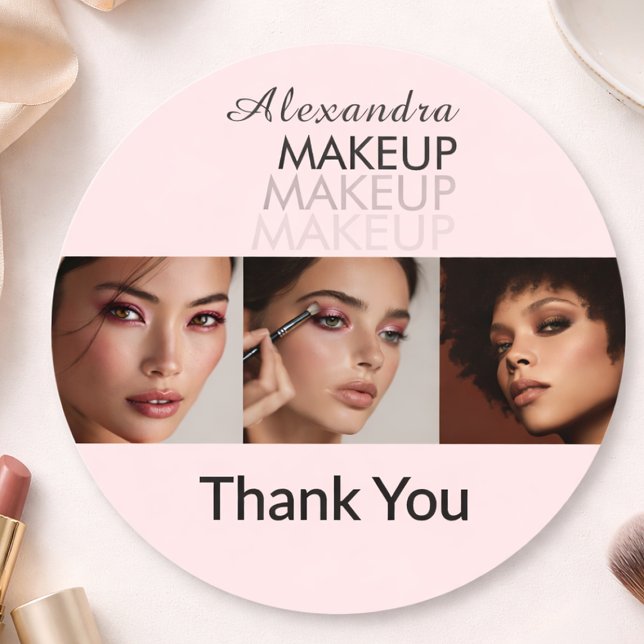 Blush Pink Script Logo Photo Makeup Thank You Classic Round Sticker (Creator Uploaded)