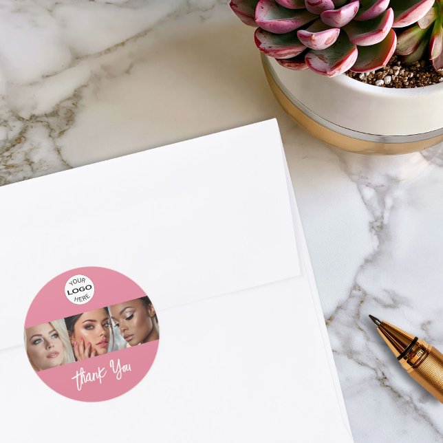Blush Pink Script Logo Photo Makeup Thank You Classic Round Sticker (Creator Uploaded)